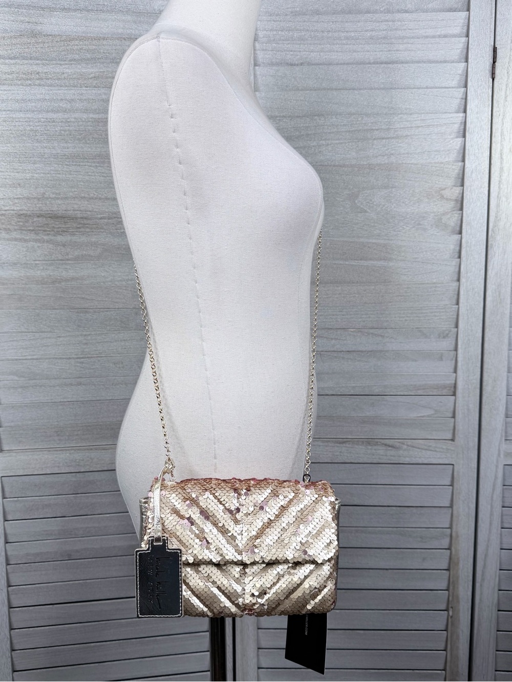 NICOLE MILLER Gold Sequin Vegan Leather Crossbody Bag with Chain Strap-OS